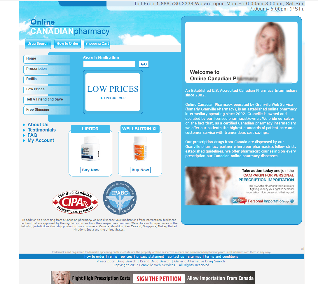Onlinecanadianpharmacy.com Main Page